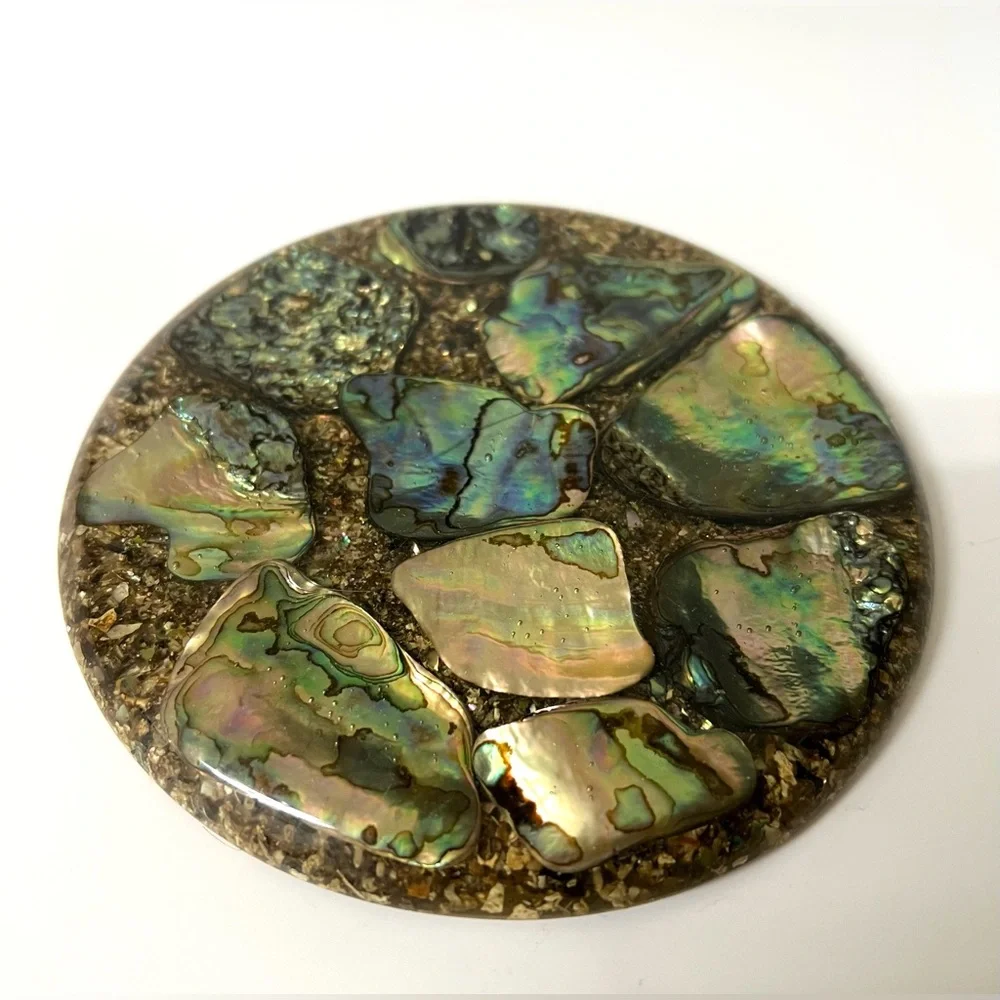 Plympton's Abalone Shell Mother of Pearl Lucite Acrylic Round Trivet 5.5 in USA